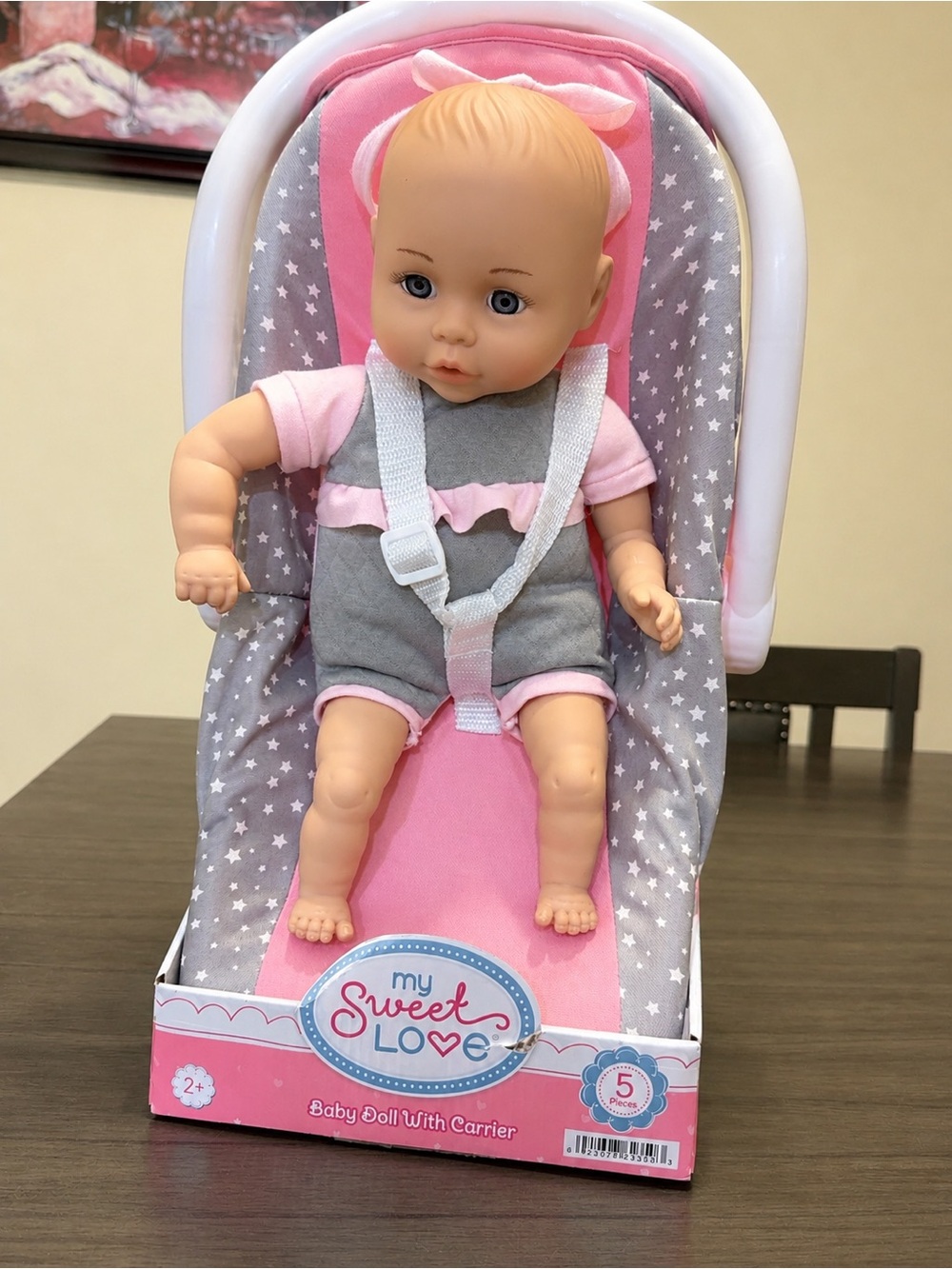 Sweet Love Pink and Gray Baby Doll with Star-Print Carrier and Safety Harness